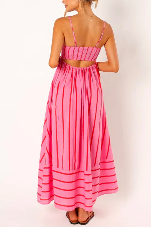 Amsoin High Waist Back Cut Out Striped Maxi Cami Dress