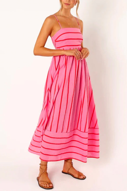 Amsoin High Waist Back Cut Out Striped Maxi Cami Dress