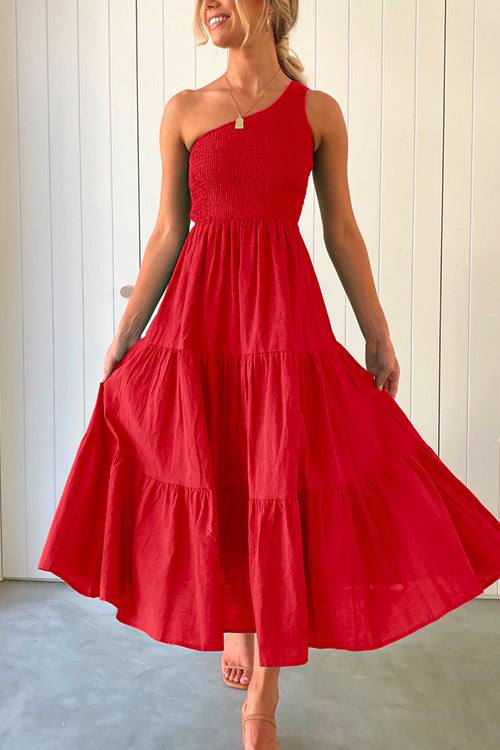Amsoin One Shoulder Sleeveless Smocked Ruffle Tiered Maxi Dress