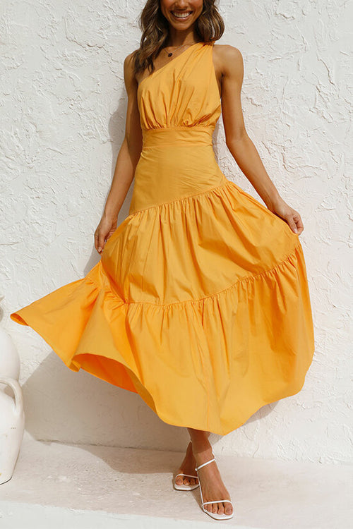 Amsoin One Shoulder High Waist Tiered Maxi Dress