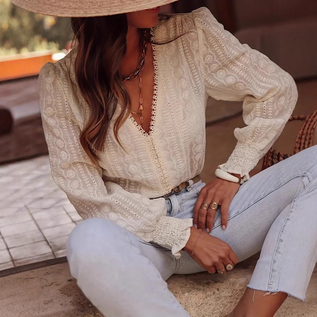 Elegant Commuter-Style Fashion V-Neck Lace-Patchwork Long-Sleeve Shirt