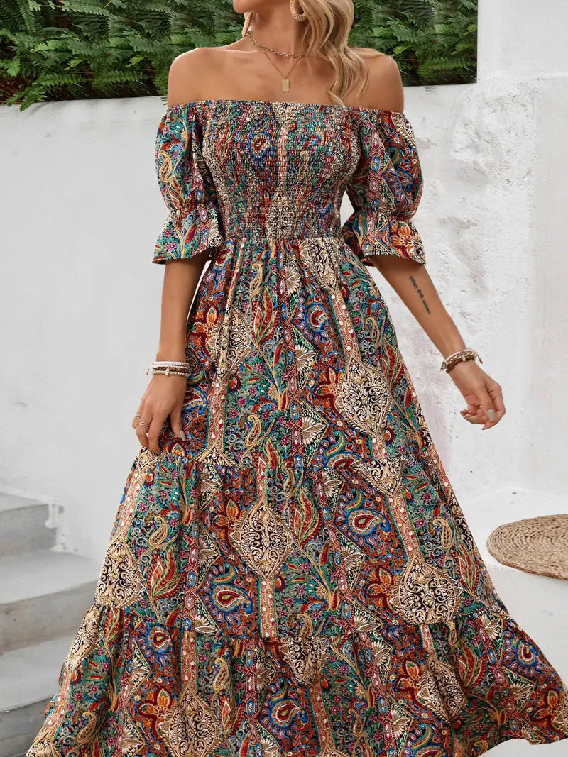 Vacation Style Off-shoulder Princess Sleeves Dress