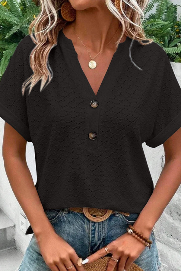Casual Solid Buttons V Neck T-Shirts