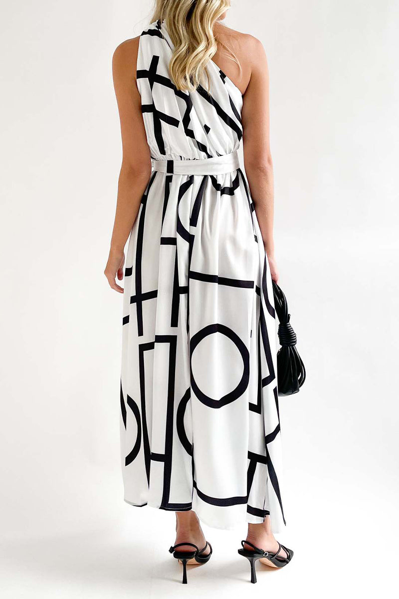 Geometric Printing Oblique Collar Sleeveless Dress