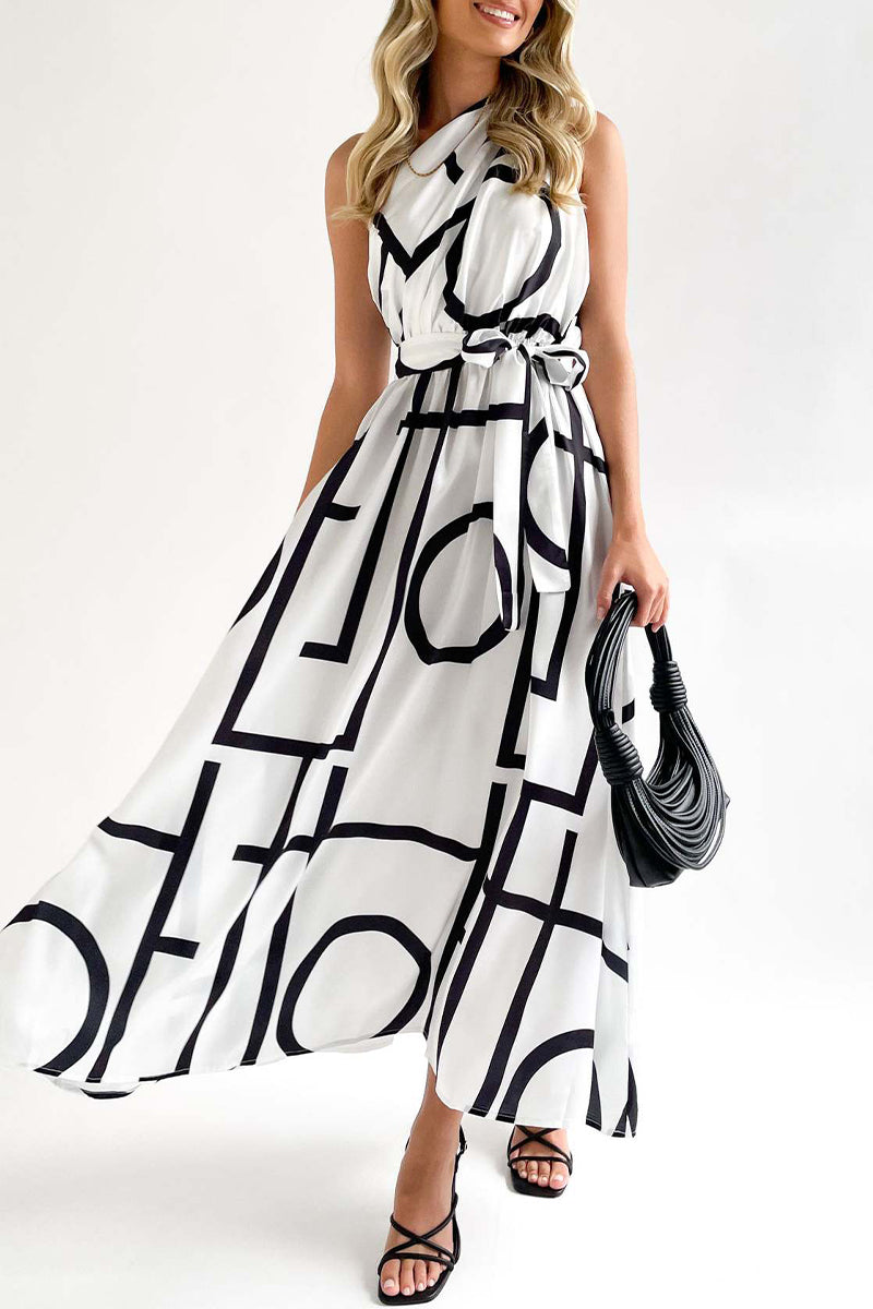 Geometric Printing Oblique Collar Sleeveless Dress