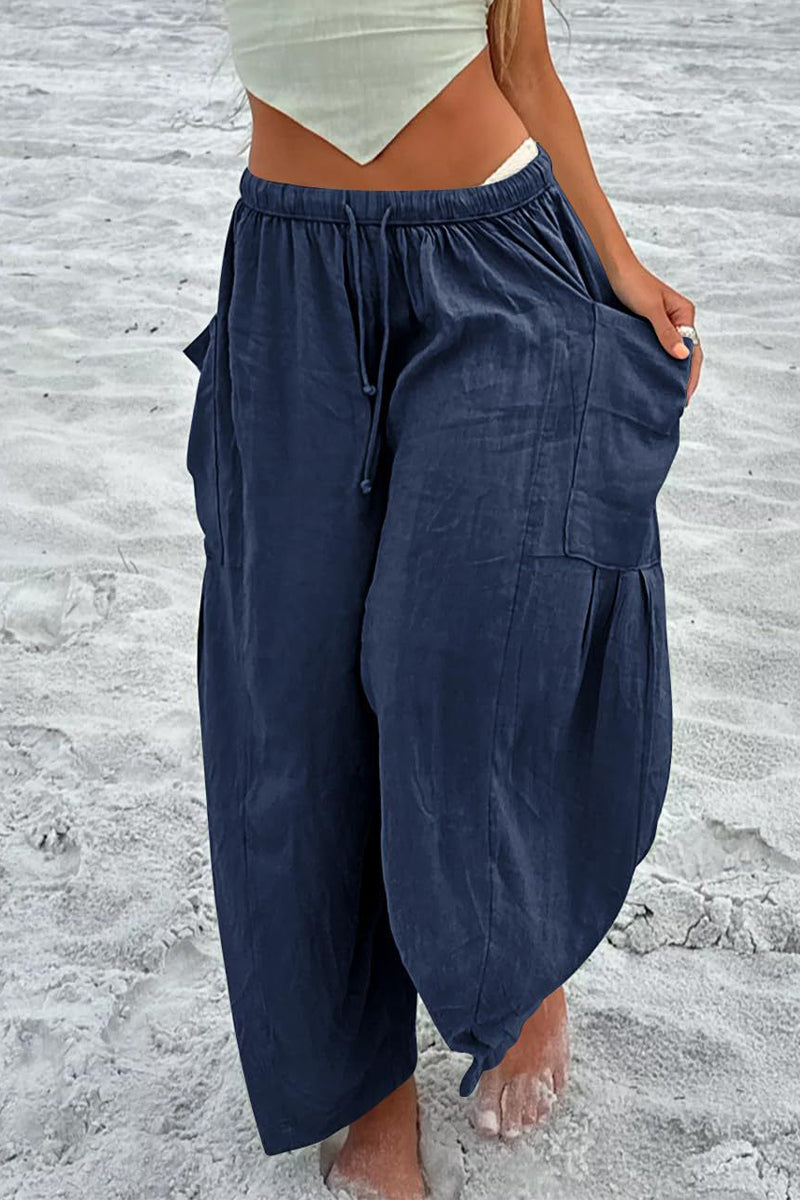 Casual Simplicity Solid Pocket Loose Mid Waist Wide Leg Solid Color Bottoms