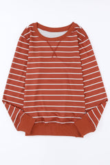 LC25122022-3-S, LC25122022-3-M, LC25122022-3-L, LC25122022-3-XL, Red Striped Print Ribbed Trim Long Sleeve Top