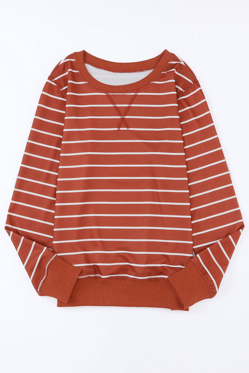 LC25122022-3-S, LC25122022-3-M, LC25122022-3-L, LC25122022-3-XL, Red Striped Print Ribbed Trim Long Sleeve Top