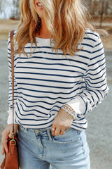 LC25122022-19-S, LC25122022-19-M, LC25122022-19-L, LC25122022-19-XL, Striped Print Ribbed Trim Long Sleeve Top