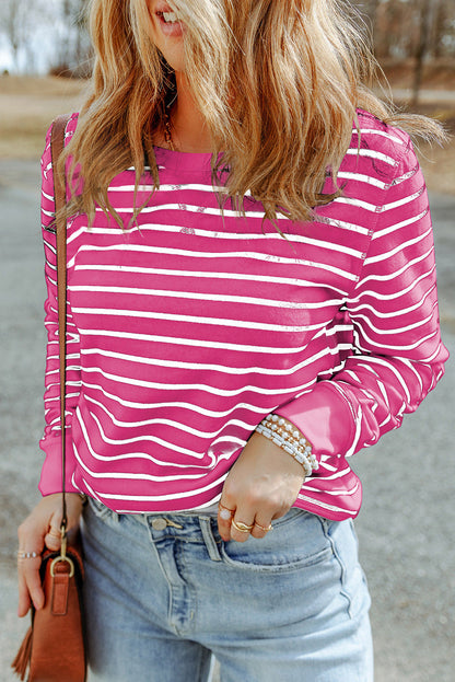 LC25122022-P6-S, LC25122022-P6-M, LC25122022-P6-L, LC25122022-P6-XL, Rose Red Striped Print Ribbed Trim Long Sleeve Top