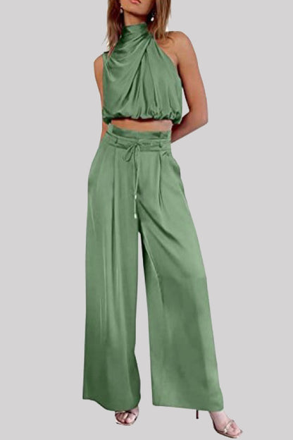 Simplicity Solid Fold Turtleneck Sleeveless Two Pieces