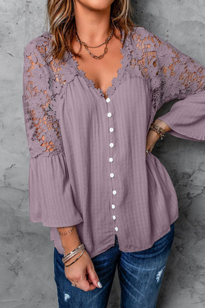 Sexy Solid Lace Buttons V Neck Tops