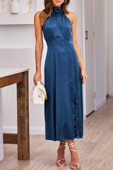 Elegant Simplicity Solid Slit Halter Sleeveless Dress Dresses
