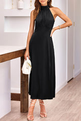 Elegant Simplicity Solid Slit Halter Sleeveless Dress Dresses