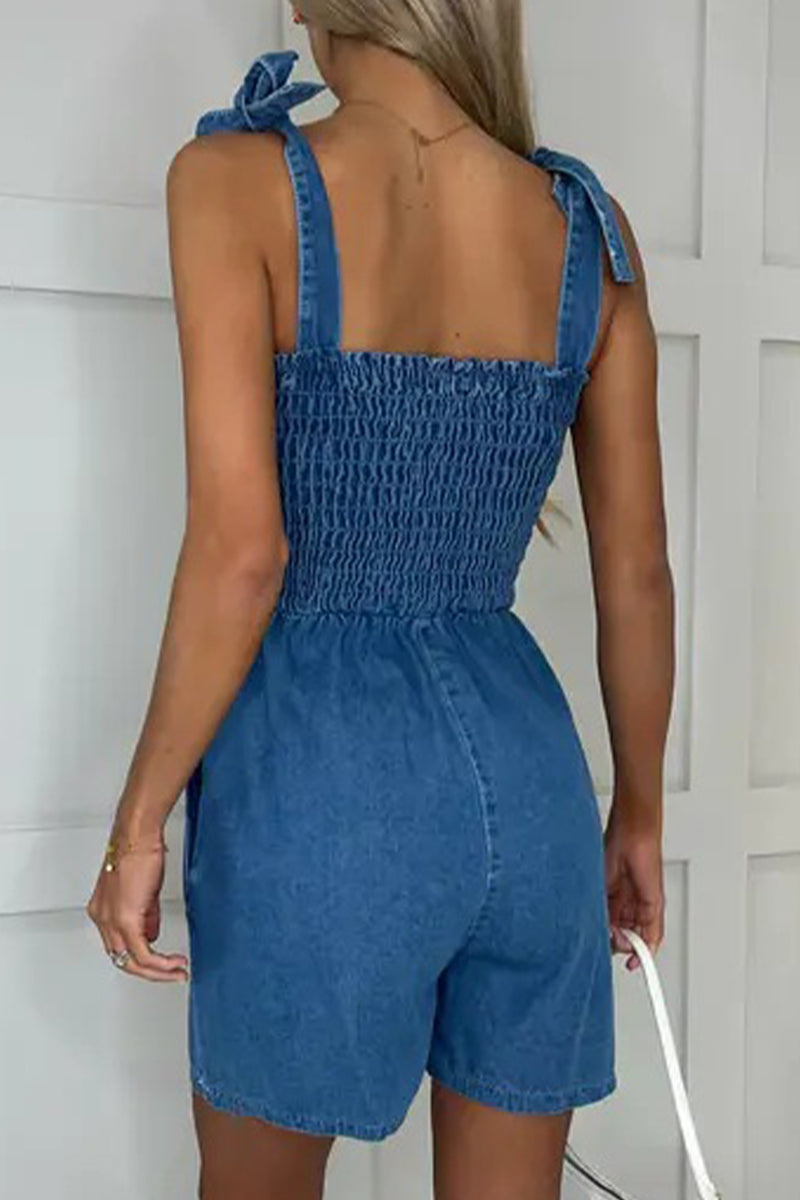 Amsoin Casual Solid Pocket Square Collar Sleeveless Loose Denim Jumpsuits