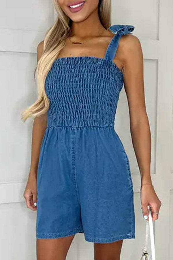 Amsoin Casual Solid Pocket Square Collar Sleeveless Loose Denim Jumpsuits