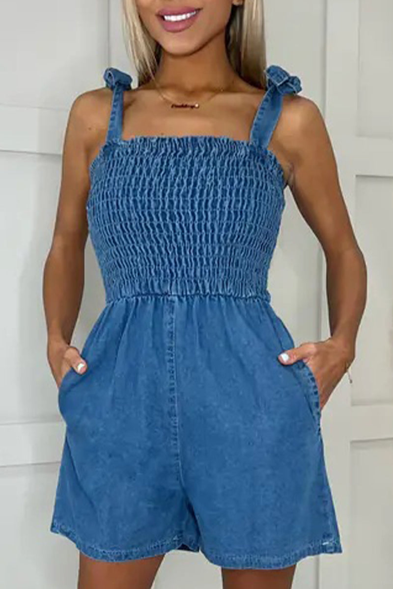 Amsoin Casual Solid Pocket Square Collar Sleeveless Loose Denim Jumpsuits