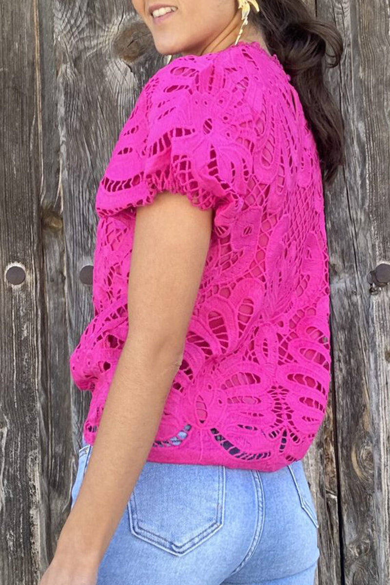 Casual Solid Lace Hollowed Out O Neck Blouses(4 Colors)