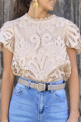 Casual Solid Lace Hollowed Out O Neck Blouses(4 Colors)