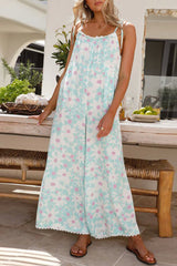 Sweet Print Flowers Lace U Neck Loose Jumpsuits