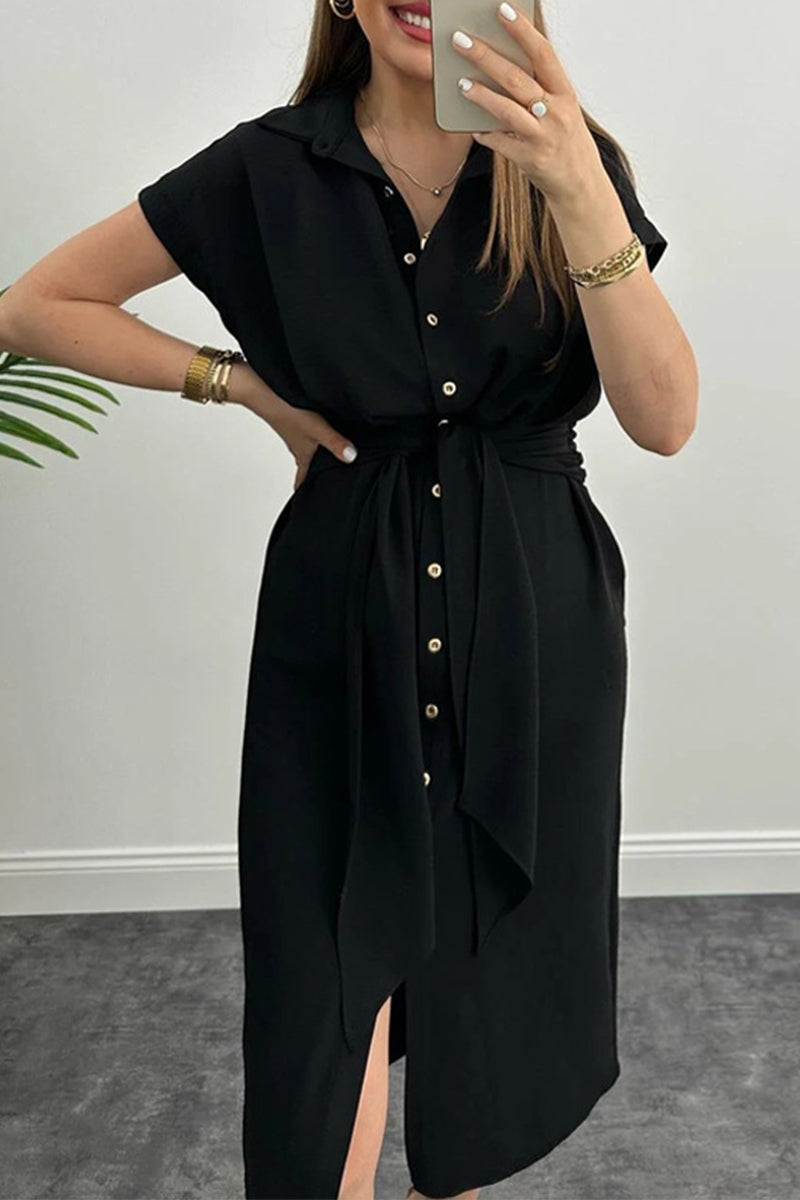 Elegant Solid Frenulum Shirt Collar Shirt Dress Dresses