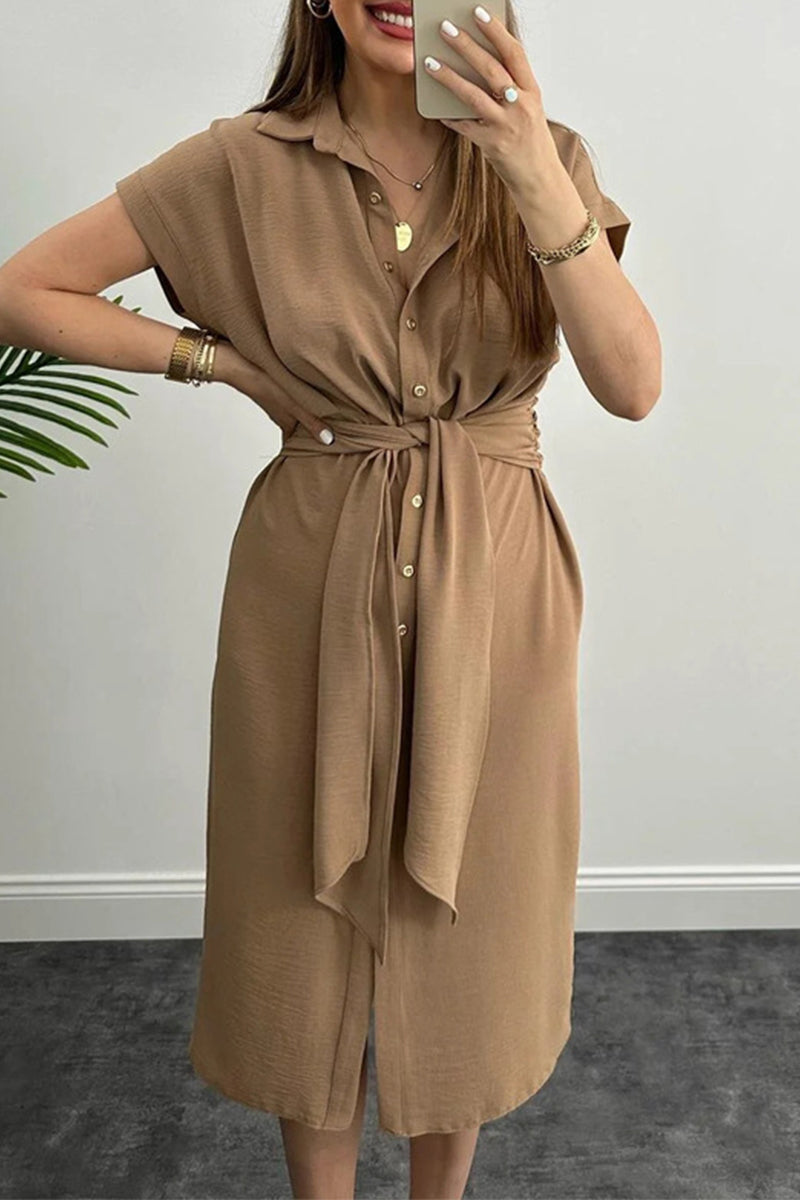 Elegant Solid Frenulum Shirt Collar Shirt Dress Dresses