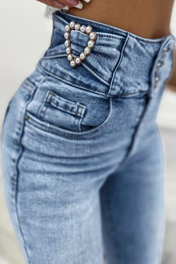 Sexy Solid Pearl High Waist Skinny Denim Jeans