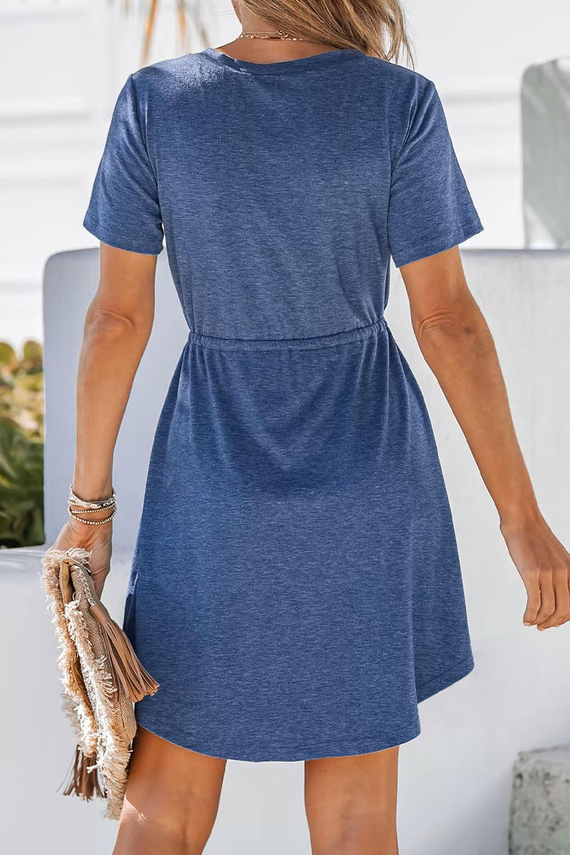 Casual Simplicity Solid Frenulum Buttons V Neck Irregular Dress Dresses