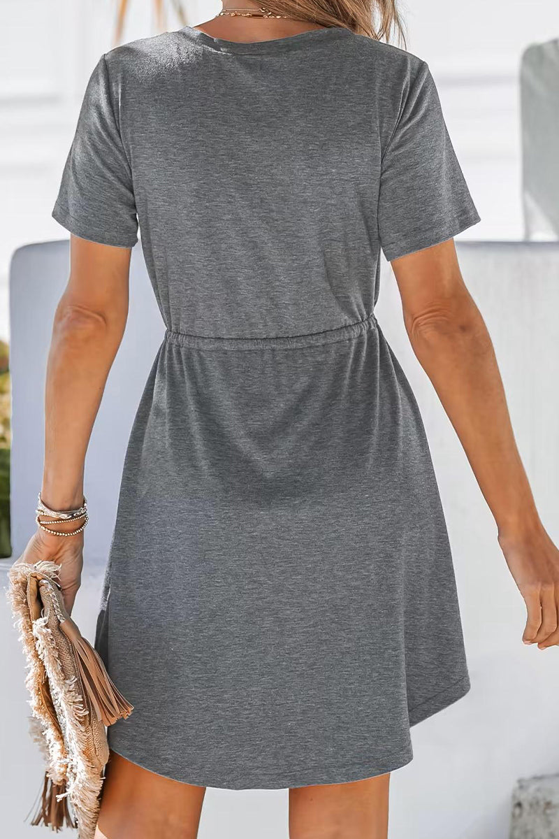 Casual Simplicity Solid Frenulum Buttons V Neck Irregular Dress Dresses