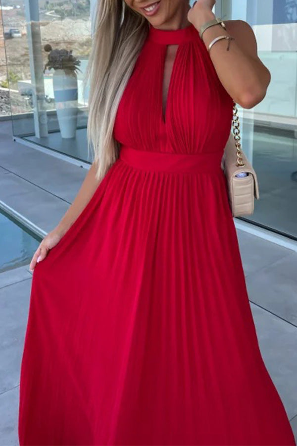 Amsoin Halter Neck Pleated Swing Dress
