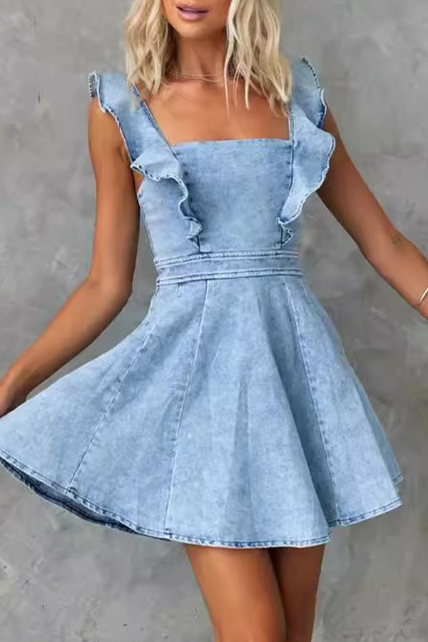 Sweet Elegant Make Old Flounce Denim Dresses