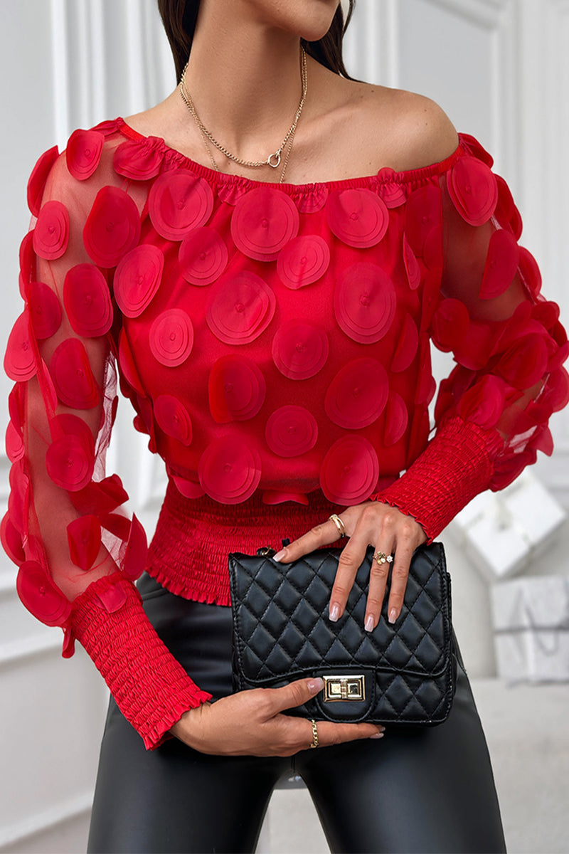Celebrities Elegant Solid Appliques Mesh Off the Shoulder Tops