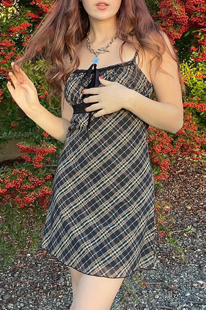 Sexy Plaid Print Frenulum Sling Dresses