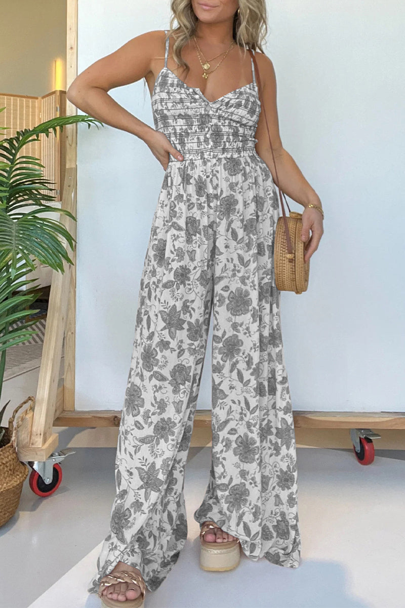 Casual Vintage Print Flowers Fold V Neck Loose Jumpsuits