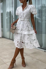 Elegant Solid Hollowed Out Buttons With Belt Turndown Collar A Line Dresses