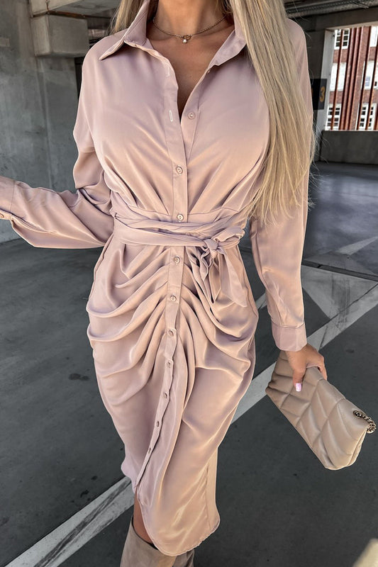Elegant Solid Bandage Fold Turndown Collar Shirt Dresses
