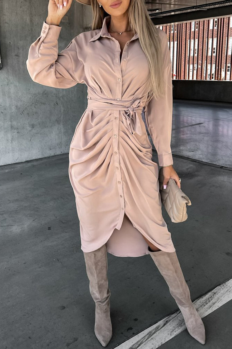 Elegant Solid Bandage Fold Turndown Collar Shirt Dresses