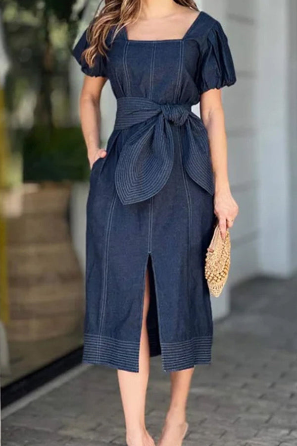 Casual Solid Patchwork Slit Square Collar Short Sleeve Regular Denim Dresses