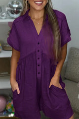 Casual Simplicity Solid Pocket Buttons V Neck Loose Rompers