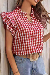 Sweet Elegant Plaid Flounce Contrast V Neck Tops