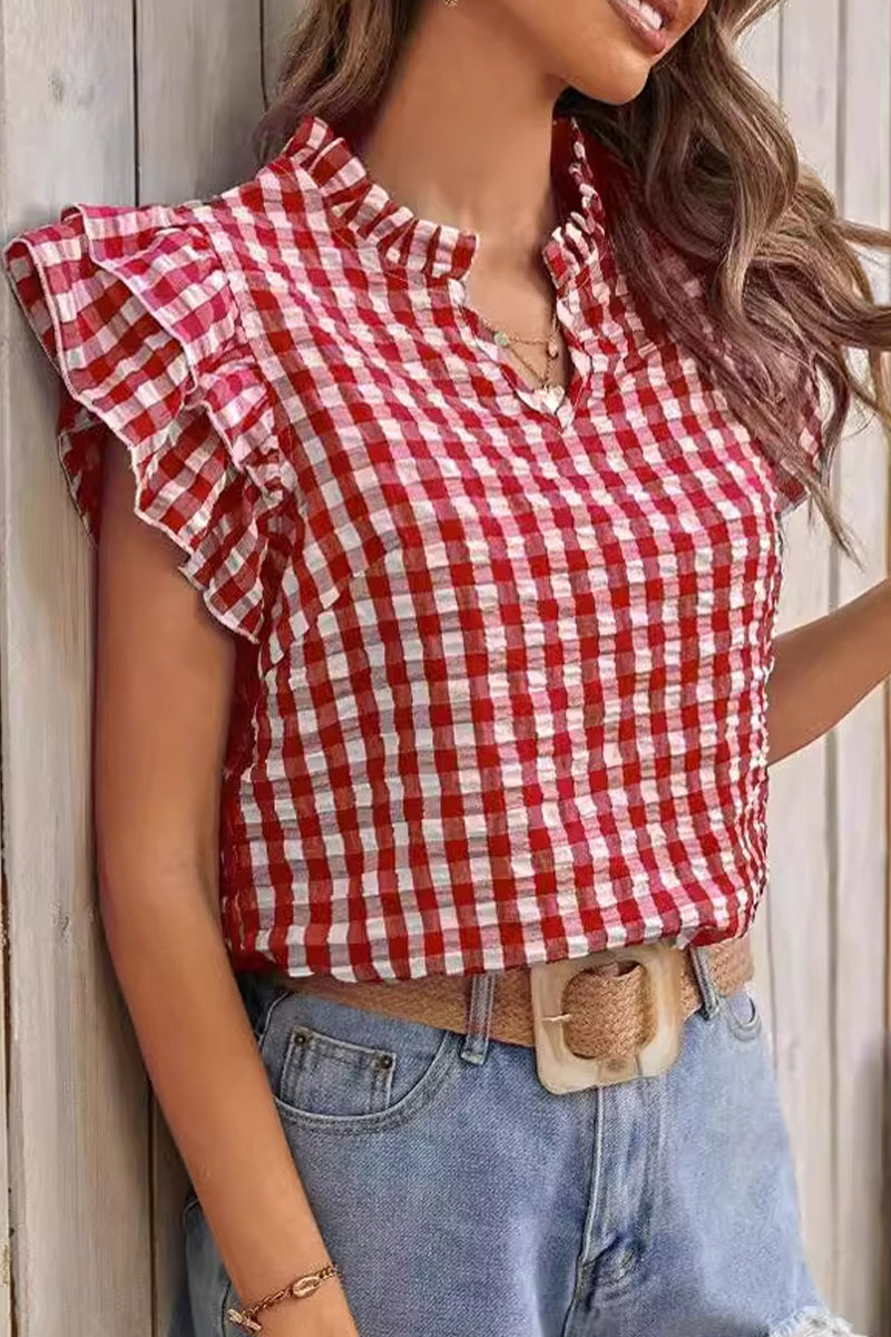 Sweet Elegant Plaid Flounce Contrast V Neck Tops