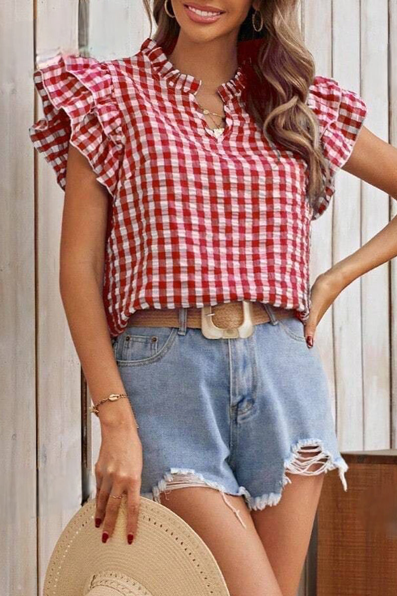 Sweet Elegant Plaid Flounce Contrast V Neck Tops