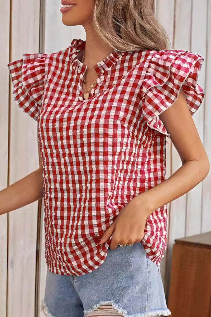 Sweet Elegant Plaid Flounce Contrast V Neck Tops