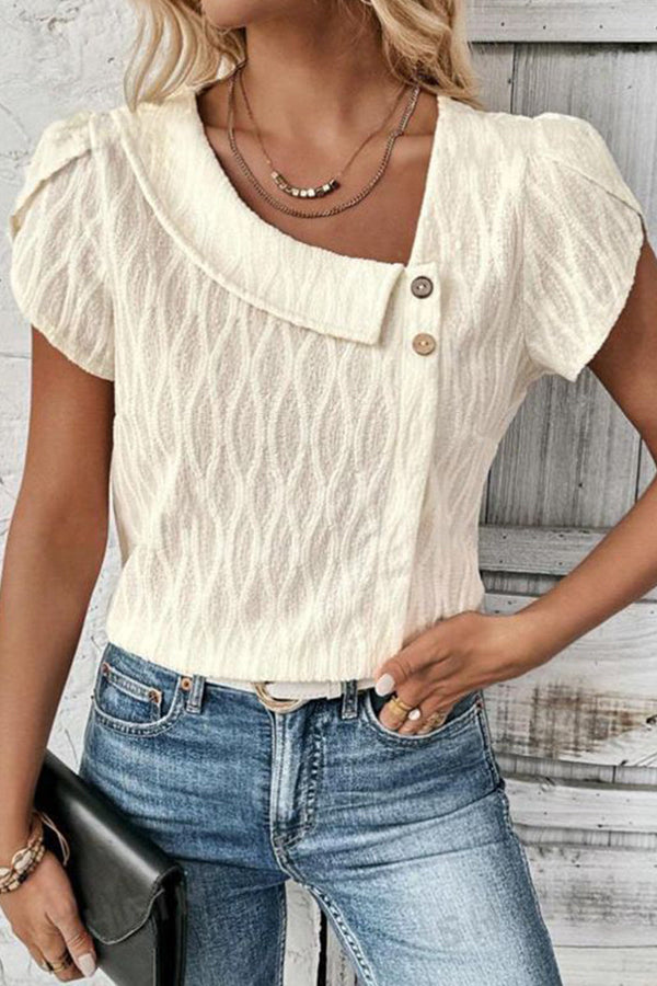 Sweet Solid Buttons Oblique Collar T-Shirts
