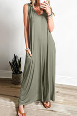 Casual Simplicity Solid Pocket V Neck Loose Jumpsuits