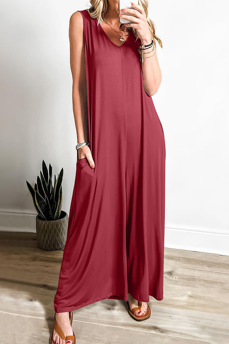 Casual Simplicity Solid Pocket V Neck Loose Jumpsuits