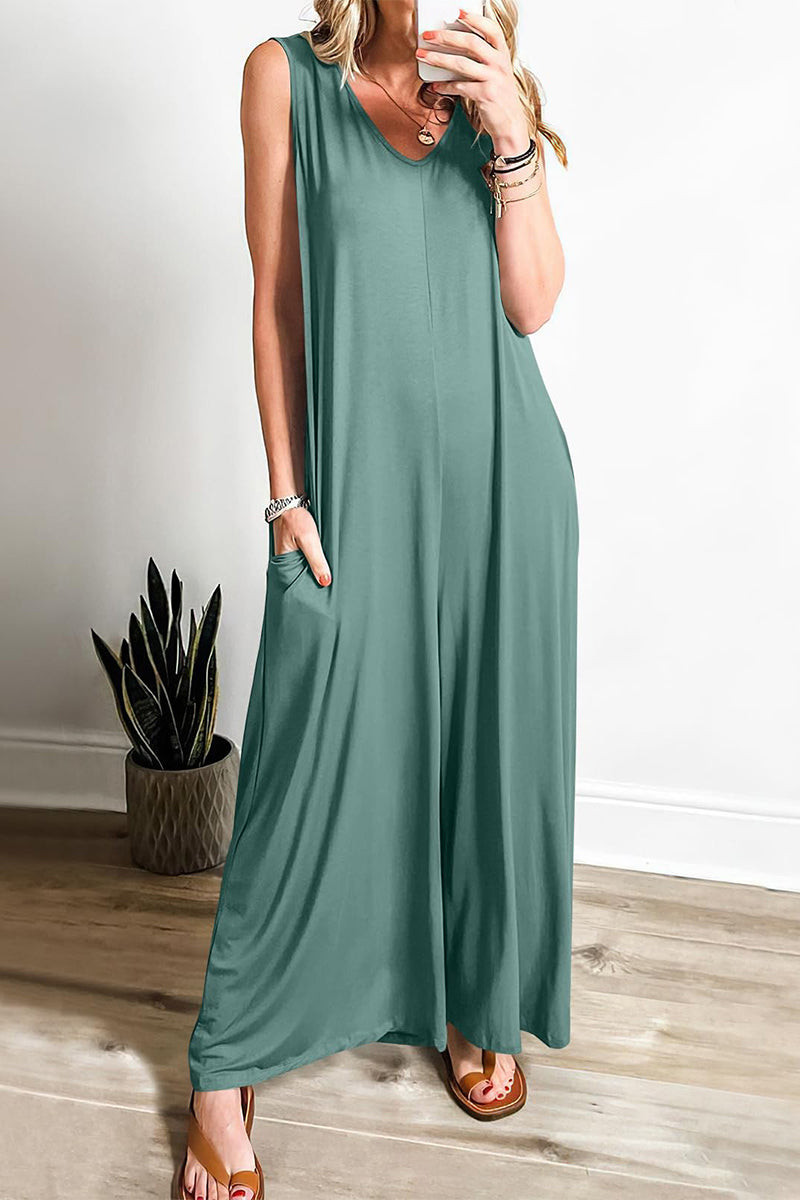 Casual Simplicity Solid Pocket V Neck Loose Jumpsuits