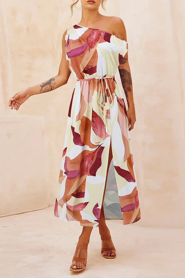 Elegant Floral Draw String Slit Oblique Collar Printed Dresses