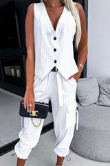 Casual British Style Striped Draw String Pocket Buckle V Neck Sleeveless Two Pieces