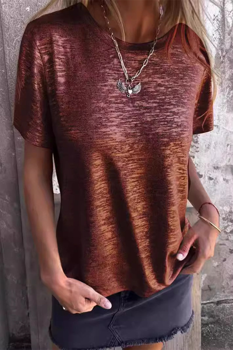 Casual Gradual Change Bronzing Contrast O Neck T-Shirts